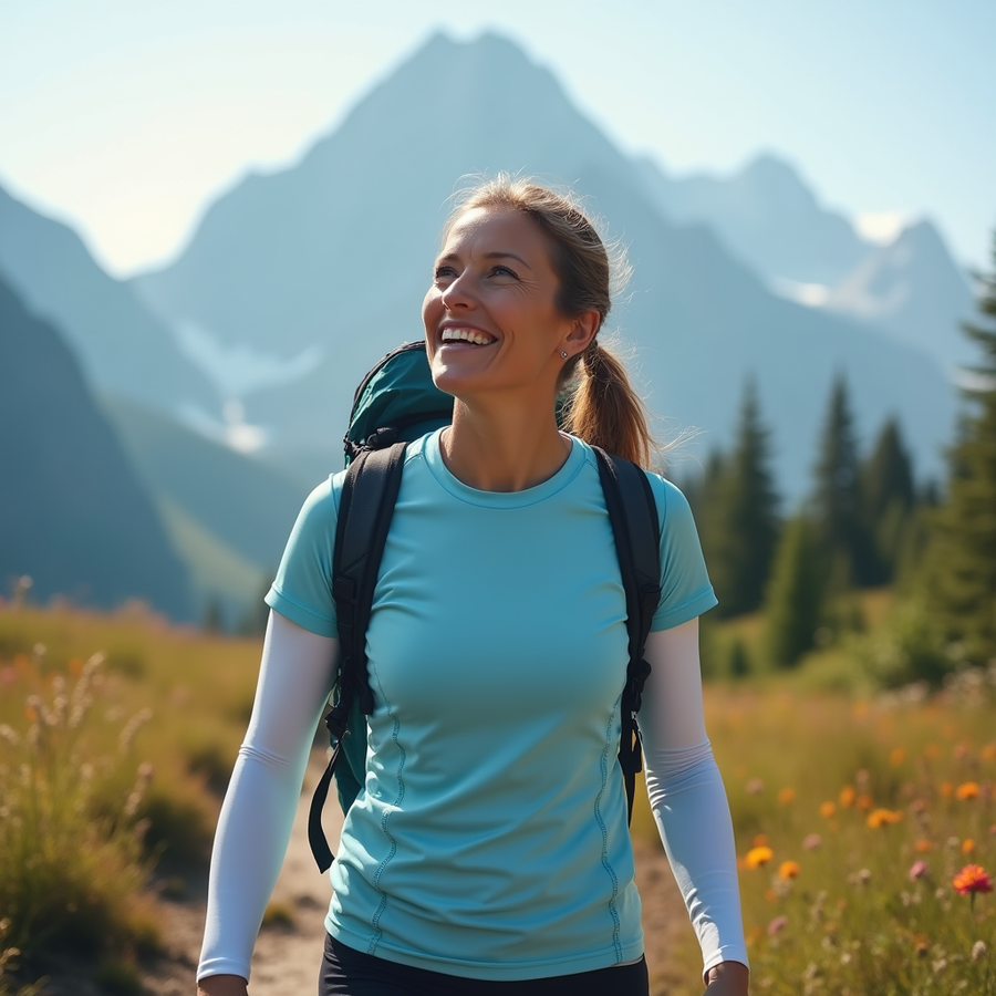 Woman hiking a mountain trail wearing IceRays cooling arm sleeves
