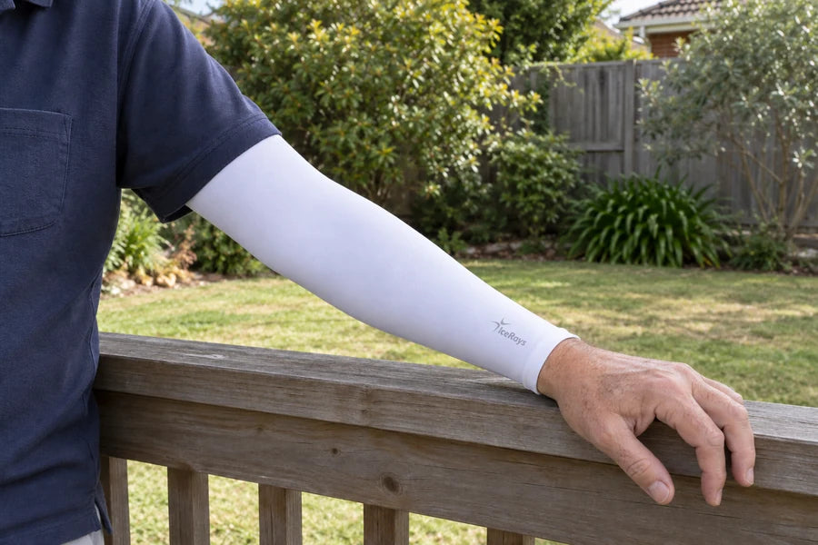 White IceRays sleeve worn example, shown from the shirt sleeve to the wrist.