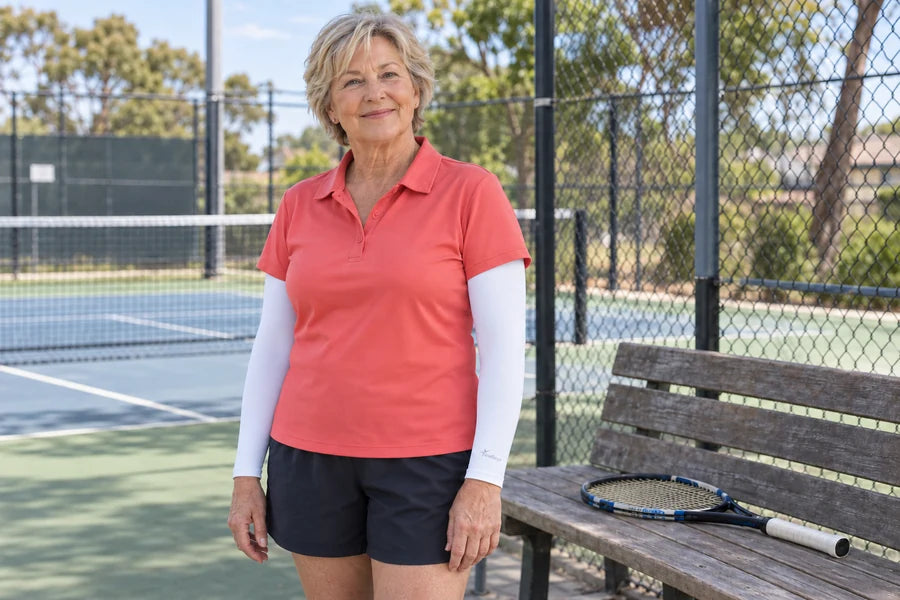 Woman wearing white IceRays arm sleeves beside a tennis court with a racket resting on the bench.
