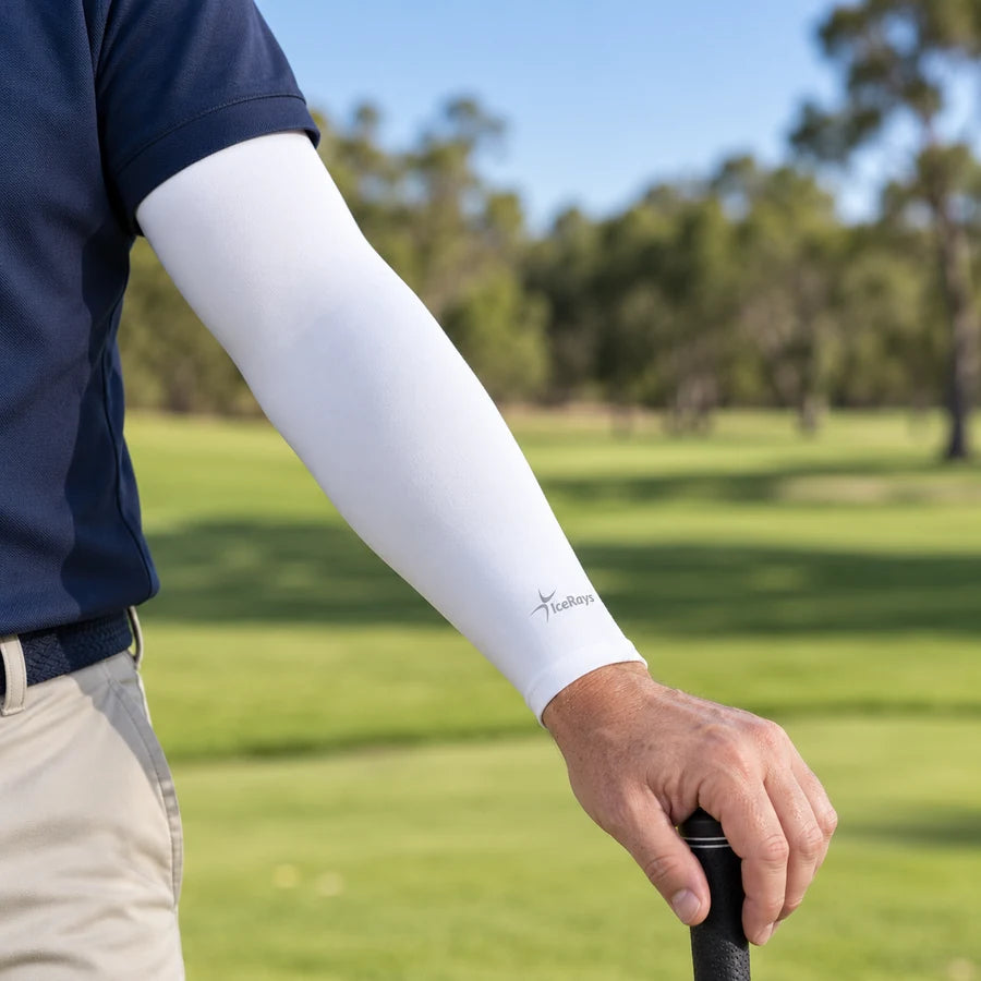 Close view of a white IceRays sleeve and its small wrist logo.