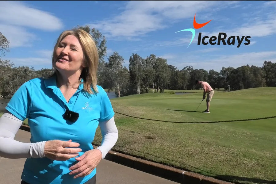 Anne Rollo, Australian professional golfer, smiling on a golf tee in light grey IceRays arm sleeves.